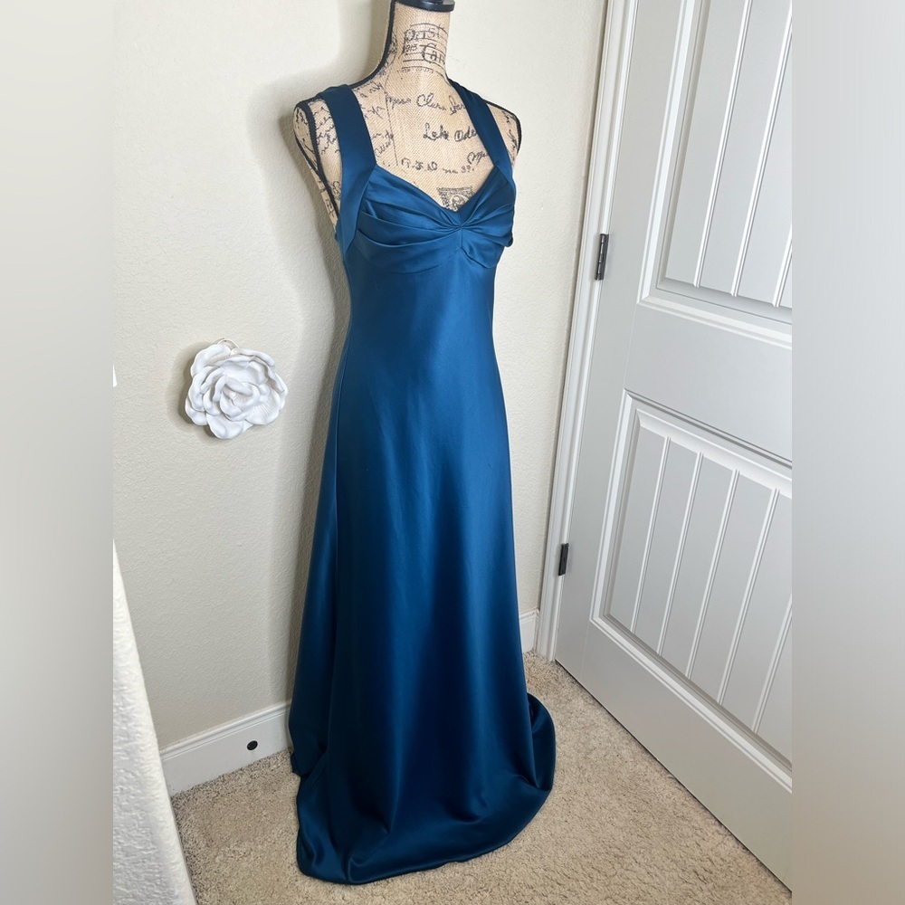 Calvin Klein Dark Ocean Blue/Green Satin Halter Formal Gown with Train Sz 10 - Picture 6 of 13